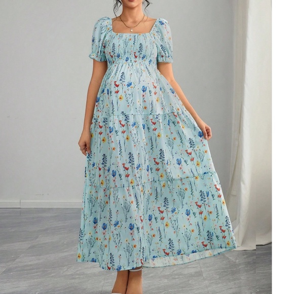 Maternity Floral Print Puff Sleeve Smocked High Waisted Maxi Dress - Picture 8 of 8